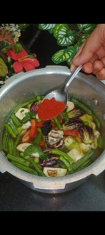 Step 1.1: Add masalas like red chilli powder, sambar powder with salt , a piece of jaggery and coriander leaves 