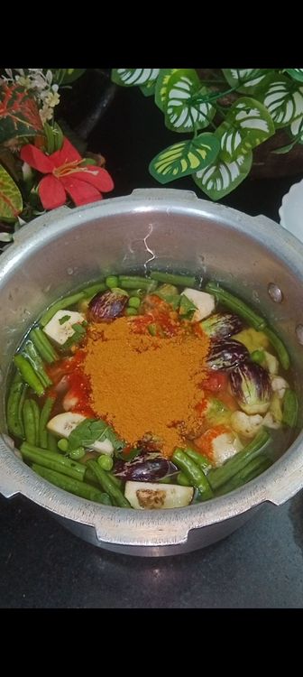 Step 1.2: Add masalas like red chilli powder, sambar powder with salt , a piece of jaggery and coriander leaves 
