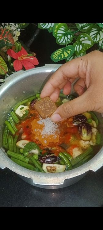 Step 1.4: Add masalas like red chilli powder, sambar powder with salt , a piece of jaggery and coriander leaves 