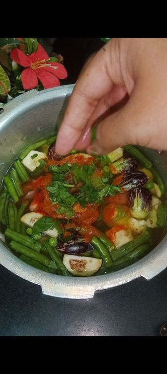 Step 1.5: Add masalas like red chilli powder, sambar powder with salt , a piece of jaggery and coriander leaves 