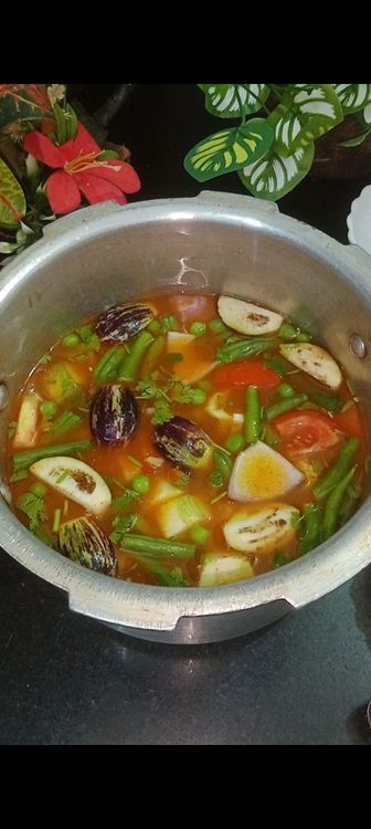 Step 1.6: Add masalas like red chilli powder, sambar powder with salt , a piece of jaggery and coriander leaves 
