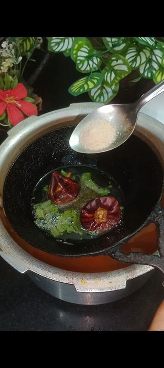 Step 1.1: Heat coconut oil add mustard seeds, , dry red chilies, and curry leaves