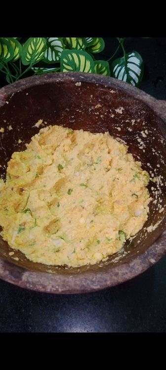 Step 2.4: In a bowl, combine the ground dal mixture with chopped onions, coriander leaves, cumin seeds, turmeric and red chilli powder , salt , ginger and green chillies