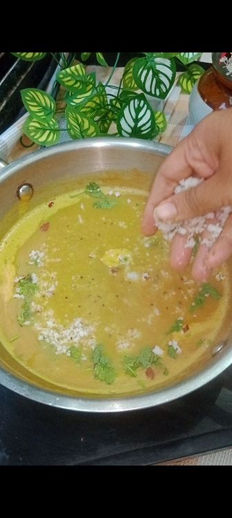 Step 1.4: Add jaggery, (adjust the sweetness to your preference)Mix in the chopped coriander leaves and grated coconut and let the mixture come to a boil
