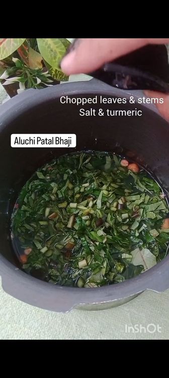 Step 1.2: In a pressure cooker , add chana dal , peanuts , water , chopped arbi leaves and it's stem