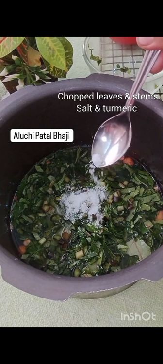 Step 1.3: In a pressure cooker , add chana dal , peanuts , water , chopped arbi leaves and it's stem