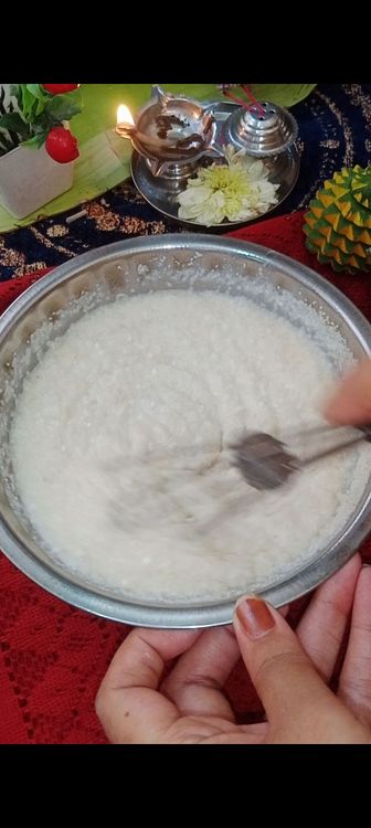 Step 1.3: In a bowl , add sama rice and sabudana flour with curd and water 