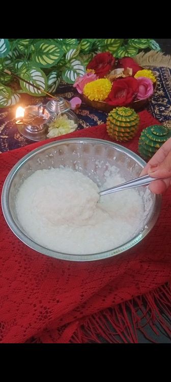 Step 1.4: In a bowl , add sama rice and sabudana flour with curd and water 