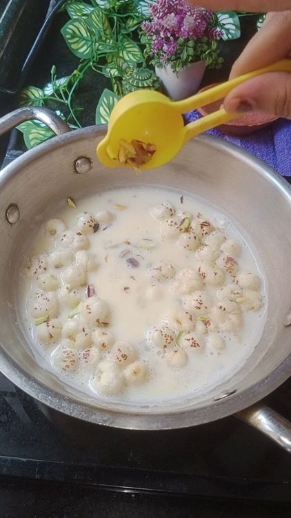 Step 1.2: Add the cashews and makhana into the milk
