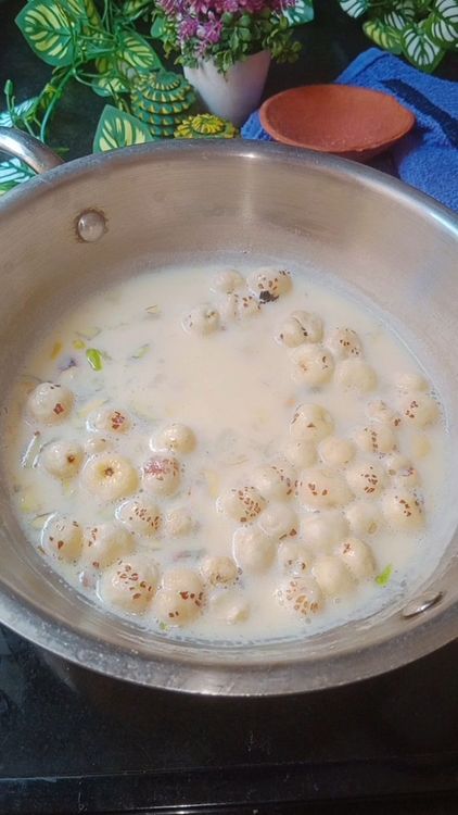 Step 1.3: Add the cashews and makhana into the milk
