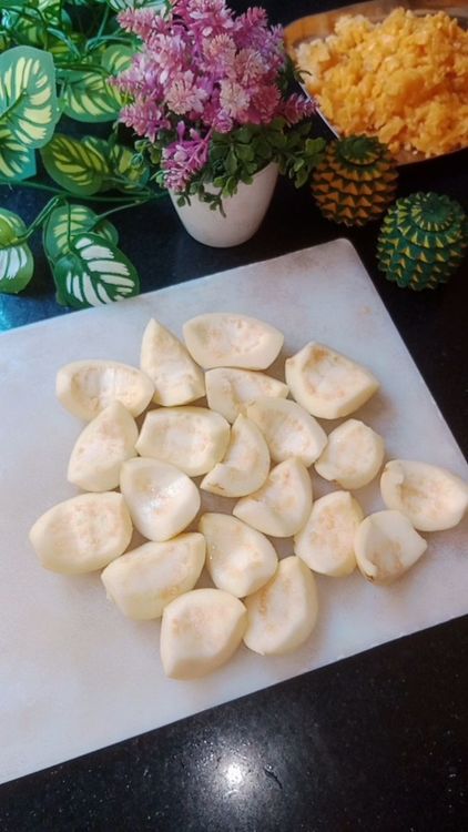 Step 1.3: Wash 500 g Guava , cut into halves , remove the seeds and chop it into cubes