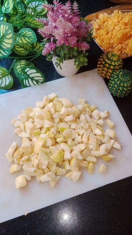 Step 1.4: Wash 500 g Guava , cut into halves , remove the seeds and chop it into cubes