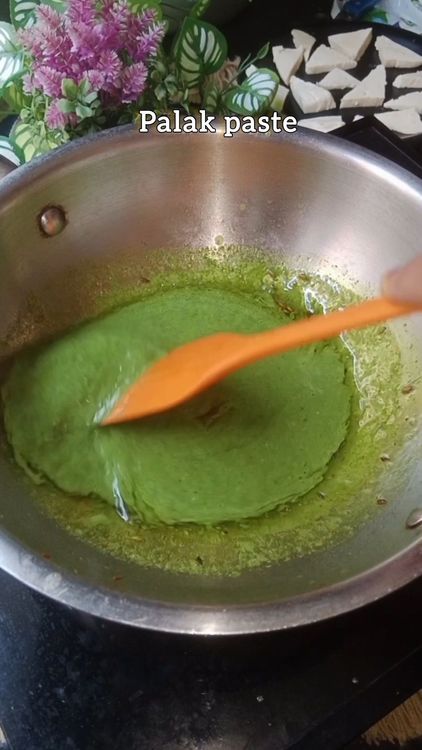 Step 3.3: Once the tempering is done , add the palak paste, salt and sugar
