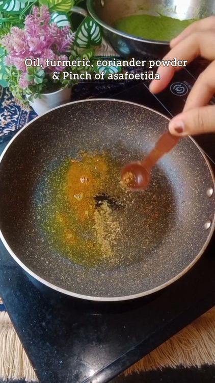 Step 4.1: Heat oil and temper some turmeric powder, coriander powder and pinch of asafoetida