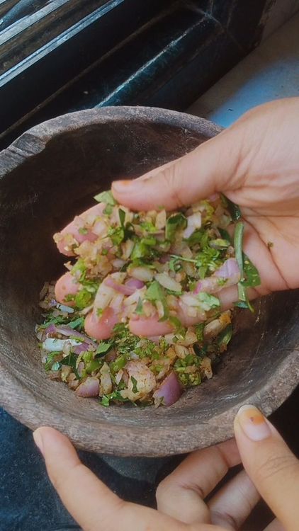 Step 1.3: Chop onion , curry leaves, green chillies and coriander leaves finely and add in a bowl