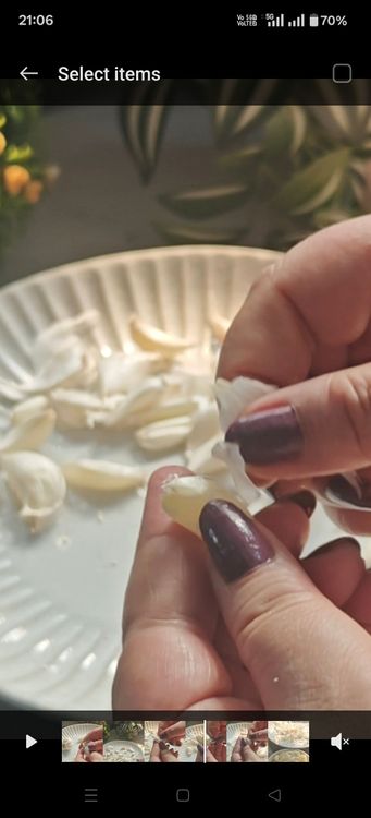 Step 1.1: Peel the skin off the garlic cloves; the heat will have loosened it, making it easier to remove