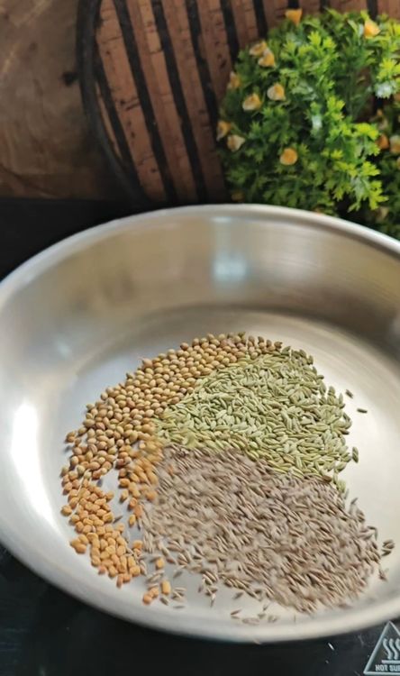 Step 1.1: Dry roast the cumin seeds, fennel seeds, coriander seeds, and fenugreek seeds