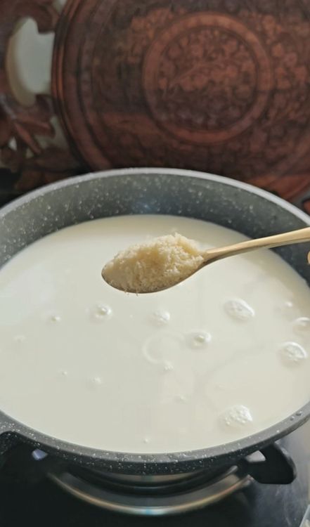 Step 1.1: Boil the full-fat milk and Desi Khand in a saucepan, stirring until the sugar dissolves