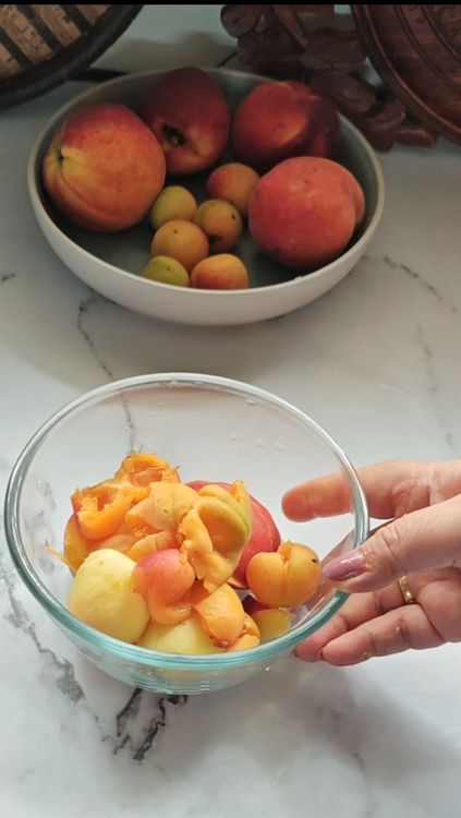 Step 1.2: Mix the chopped peach and apricot, sugar, and lemon juice well