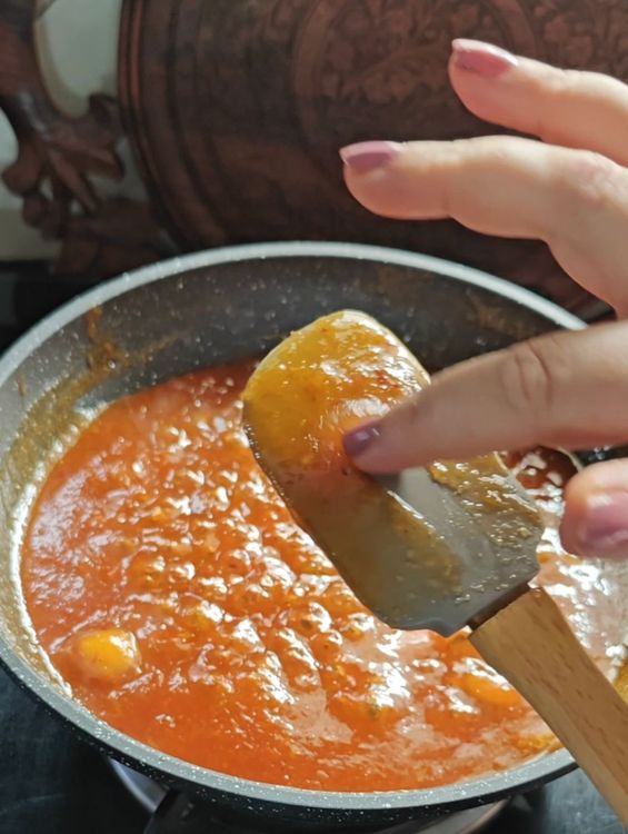 Step 1.2: Cook the blended mixture on low to medium heat until it forms a glaze-like texture