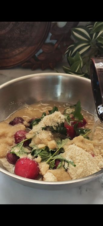 Step 1.1: In a heavy-bottomed pan, add plums, desi khand, mint leaves with stems, and water