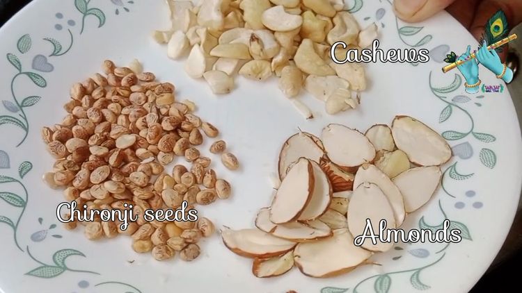 Step 1.1: In a pan, heat ghee and roast makhana along with chironji, cashews, almonds, and shredded coconut