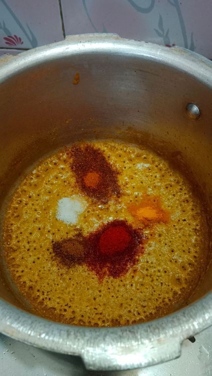 Step 3.1: Add turmeric powder, red chilli powder, coriander powder, cumin powder, and kitchen king masala