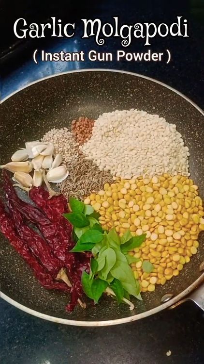 Step 1.1: In a pan, add dry red chillies, chana dal, urad dal, cumin seeds, fenugreek seeds, sesame seeds, garlic pods, and curry leaves
