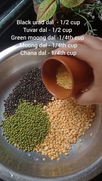 Step 1.1: Mix toor dal, black urad dal, green moong dal, moong dal, and chana dal in a large vessel