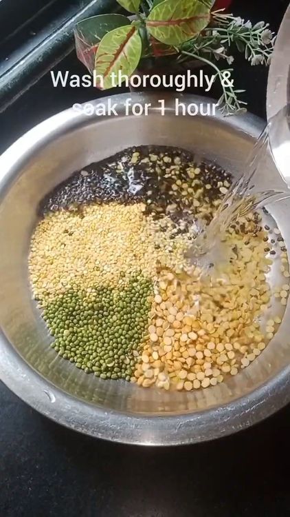 Step 1.2: Mix toor dal, black urad dal, green moong dal, moong dal, and chana dal in a large vessel