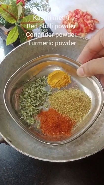 Step 2.1: Add kasoori methi, coriander powder, red chilli powder, and turmeric powder