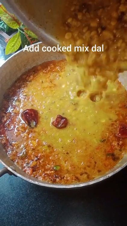 Step 3.2: Add the cooked dal to the tempering mixture