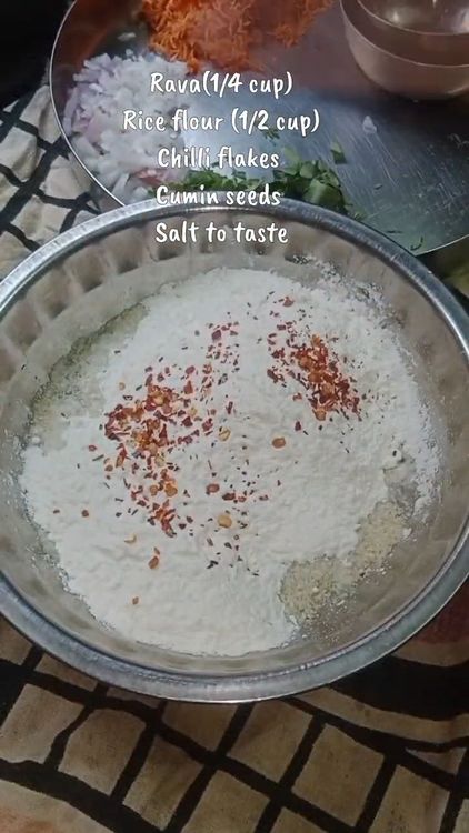 Step 1.3: In a bowl, combine the bottle gourd paste, sooji, rice flour, chilli flakes, cumin seeds, and salt