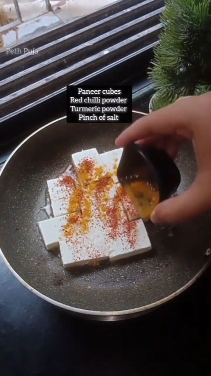Step 2.1: In the same pan, heat oil and add diced paneer
