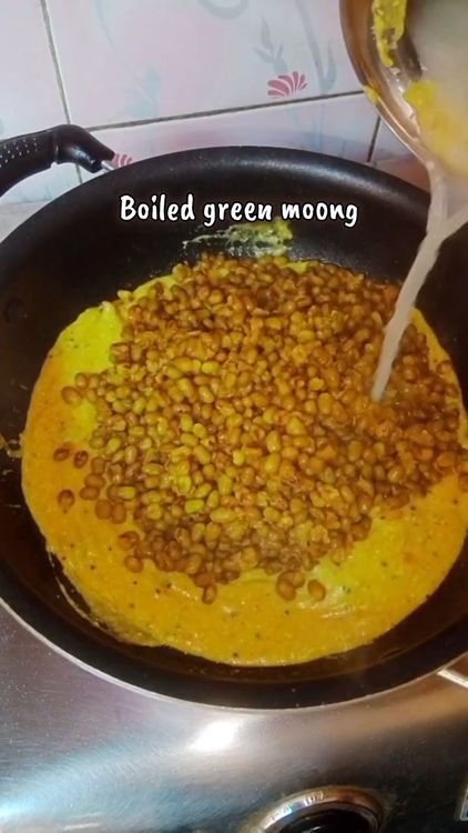 Step 3.1: Add the cooked green moong and adjust the water according to your desired thickness