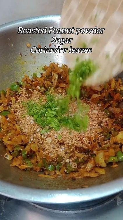 Step 2.1: Add roasted peanut powder, sugar, and chopped coriander leaves