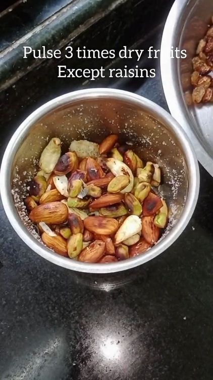 Step 2.1: Grind the dry fruits (except raisins) into a coarse powder