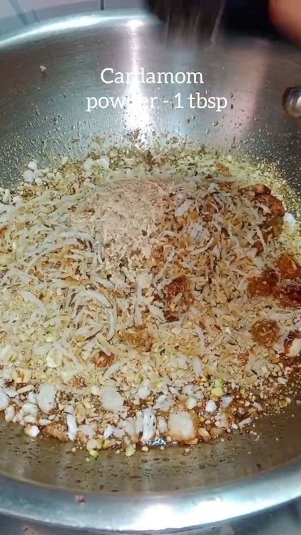 Step 4.3: Add the roasted ingredients (lotus seeds, edible gum, dry fruits, raisins, and dry coconut) to the jaggery syrup