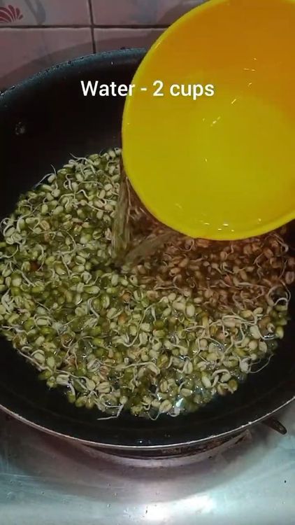 Step 1.2: In a vessel, boil 1 cup sprouted green moong with 2 cups of water