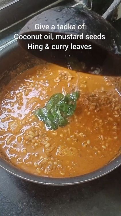 Step 2.1: Give a temper of 1 tsp coconut oil, 1 tsp mustard seeds, few curry leaves and pinch of asafoetida to this curry