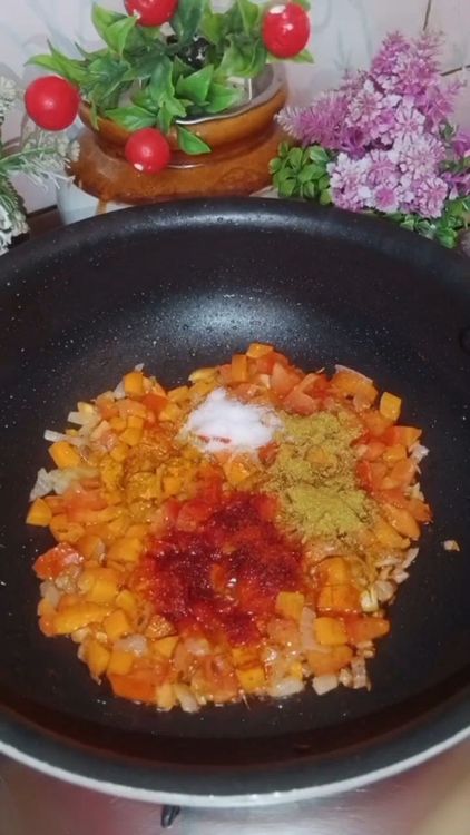 Step 2.1: Add red chilli powder, turmeric powder, pav bhaji masala, and salt to taste