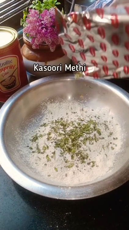 Step 1.1: Mix wheat flour, salt, kasoori methi, ajwain, and oil in a bowl