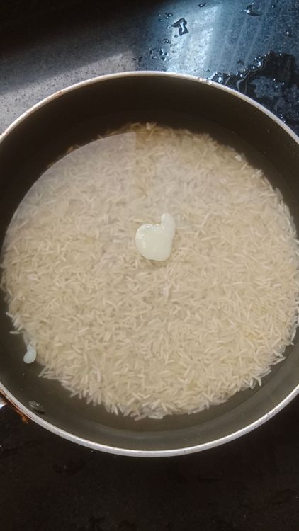 Step 1.1: Cook 1/2 cup basmati rice or long grain rice with 1 cup water and 1 tsp ghee until fully cooked