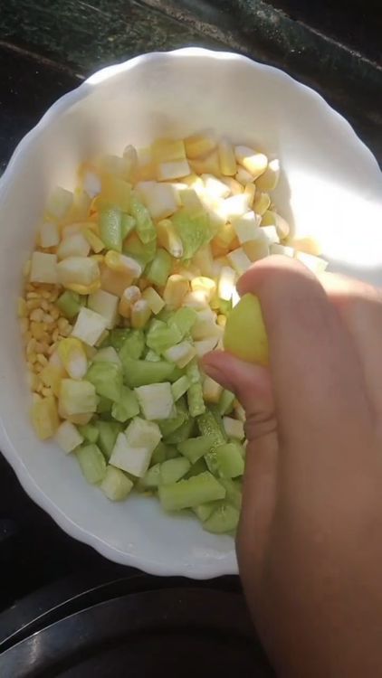Step 1.1: Once the lentils are soaked, combine them with the diced zucchini, cucumber, and sweet corn in a bowl