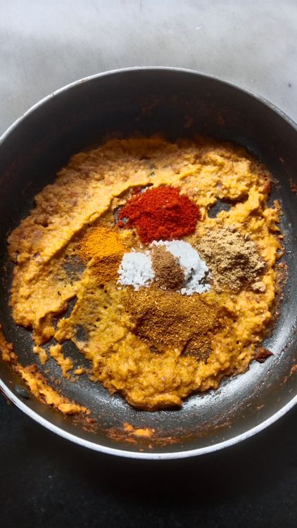 Step 2.1: Add turmeric, kashmiri red chilli powder, cumin powder, coriander powder, chole masala powder, pinch of anardana powder and salt