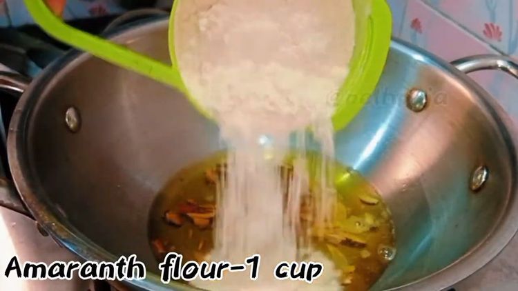 Step 1.1: Add rajgira atta (amaranth flour) to the pan and sauté for about 5 minutes or until the aroma is released