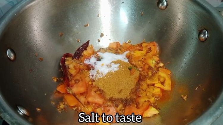 Step 3.1: Add salt, turmeric powder, red chilli powder, coriander powder, and water