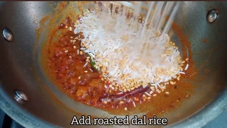Step 3.1: Once tomato softens add roasted dal rice 