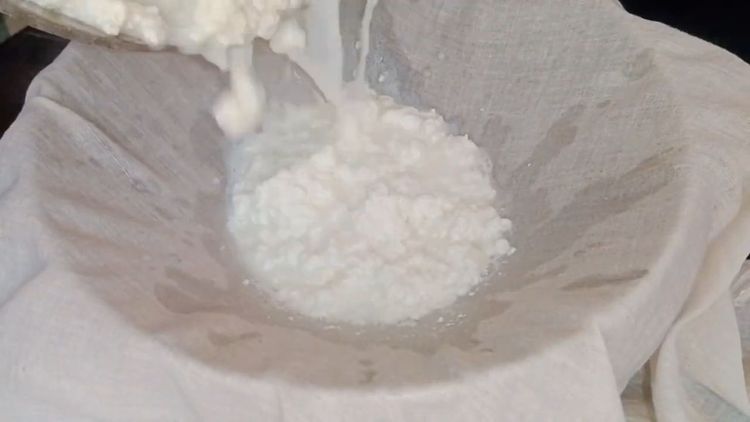 Step 1.1: Strain the curdled milk using a muslin cloth and wash it twice with cold water to remove the sourness