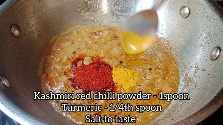 Step 3.3: Saute dry spices like stone flower , cloves, green cardamom, black pepper corns, onion, tomato, turmeric powder, red chilli powder, and salt in 1 tbsp oil 